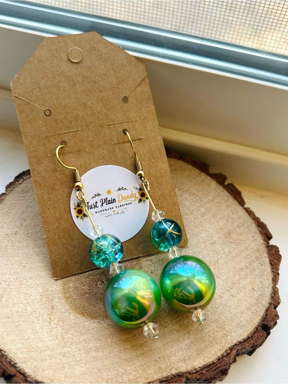 Green Glass Bead Earrings Iridescent Dangle Earrings | Handmade Statement